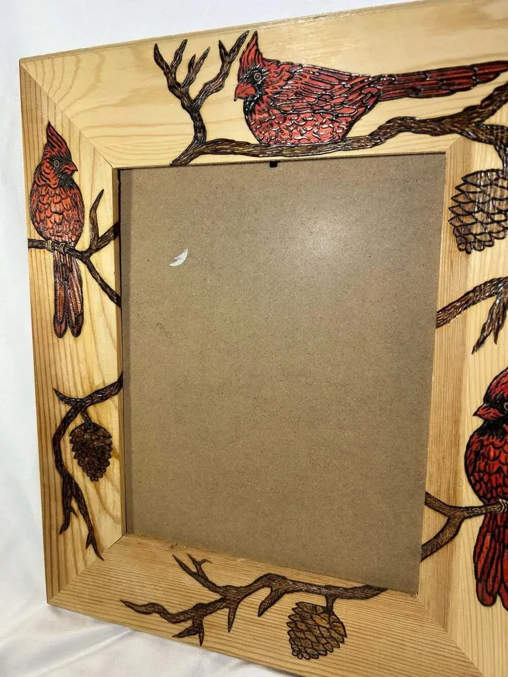 Red Cardinal pinewood rustic picture frame country core 8x10 burned art NO Glass